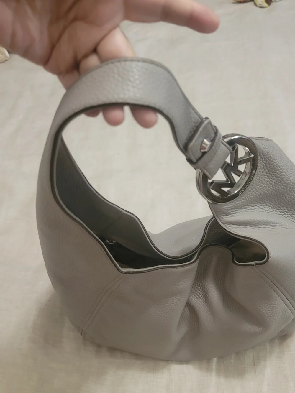 Michael Kors Pebbled Leather Hobo Bag in Light Gray with Silver MK Charm